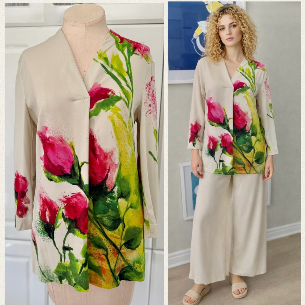 ESCADA Cream Blouse with Pink and Green Floral Imagery - S